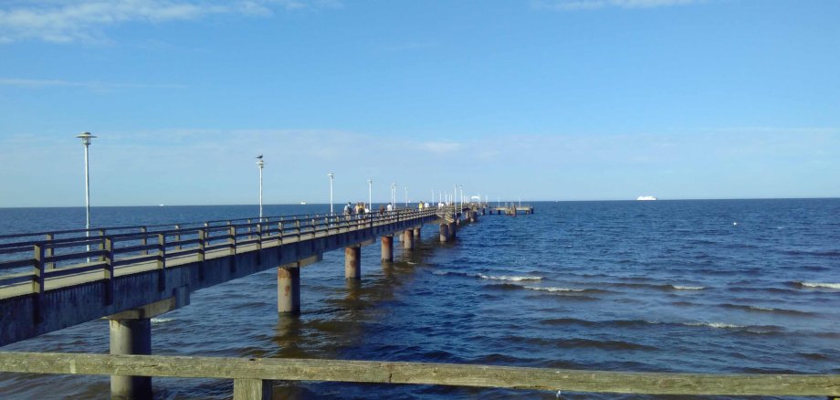 Blick auf einen Steg, der an der Küste ins Meer führt.