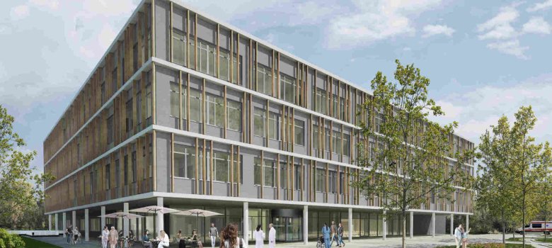 Visualisierung einer Krankenhausfassade. Sie illustriert, wie das neue Kreiskrankenhaus in Alsfeld aussehen soll.