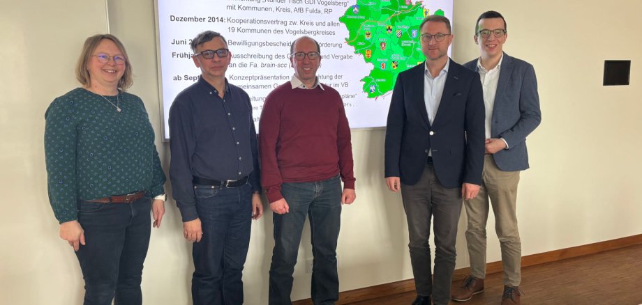 Fünf Personen stehen vor einem Präsentationsbildschirm und lächeln in die Kamera